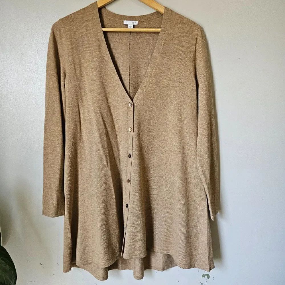 EUC J. JILL WOOL BLEND CAMEL/ TAN LONG SLEEVES V NECK BUTTON DOWN LONGLINE TOP S